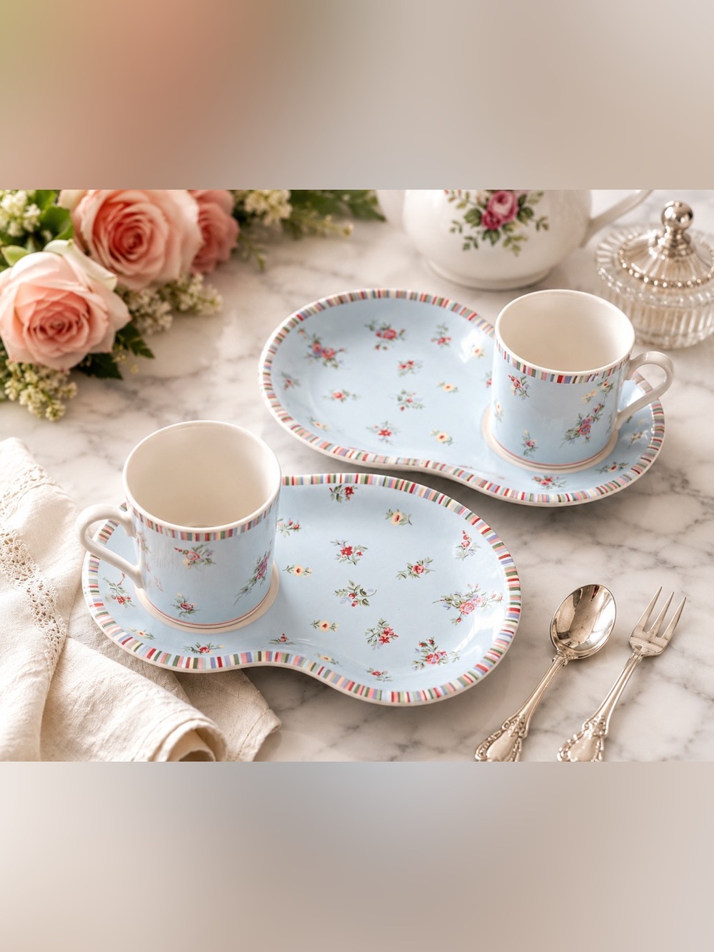 Laura Ashley 2003 "High Tea" Bone China Snack Set – 4 Pieces Retired Cottagecore